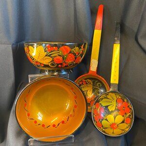 Khokhloma Hand Painted Strawberries Black/Gold Wood Lacquered Bowl Set & Ladles